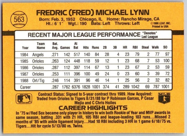 1989 Donruss Fredric (Fred) Michael Lynn Baseball Card #563