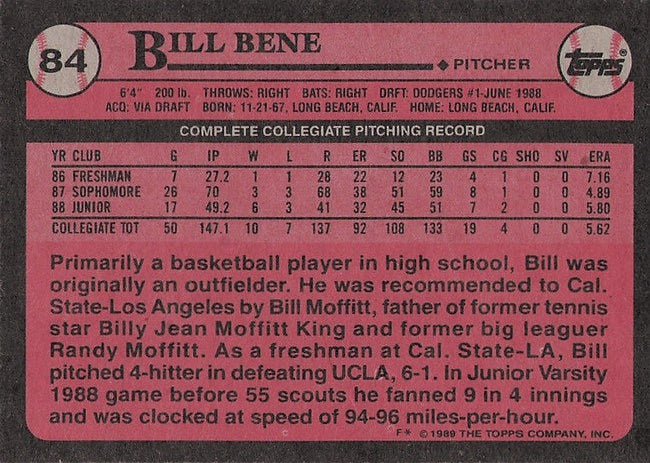 1989 Topps Bill Bene Baseball Card #84