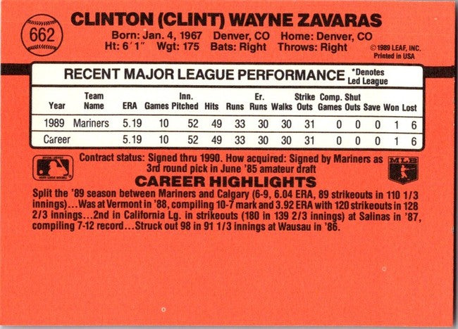 1990 Donruss Clinton (Clint) Wayne Zavaras Baseball Card #662