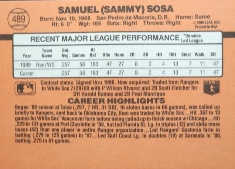1990 Donruss Samuel (Sammy) Sosa Baseball Card #489
