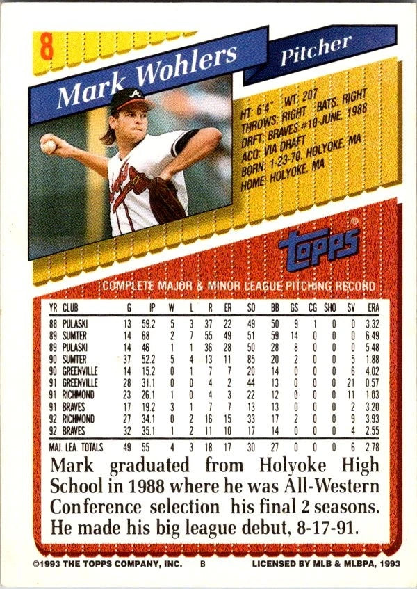 1993 Topps Mark Wohlers Baseball Card #8