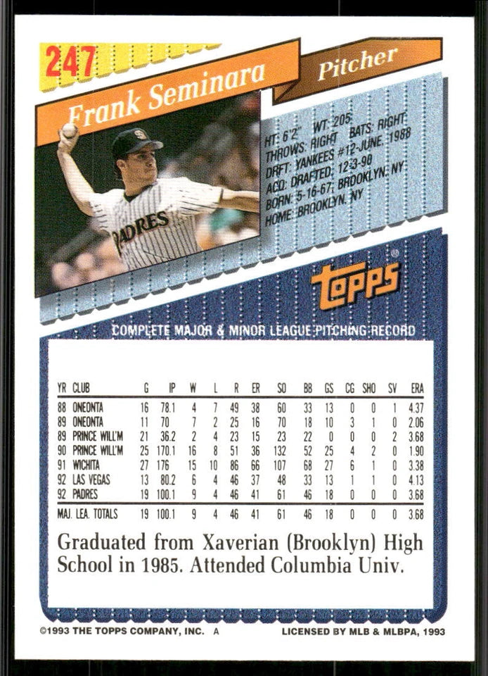 1993 Topps Rated Rookie Frank Seminara Baseball Card #247