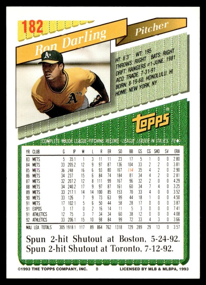 1993 Topps Ron Darling Baseball Card #182