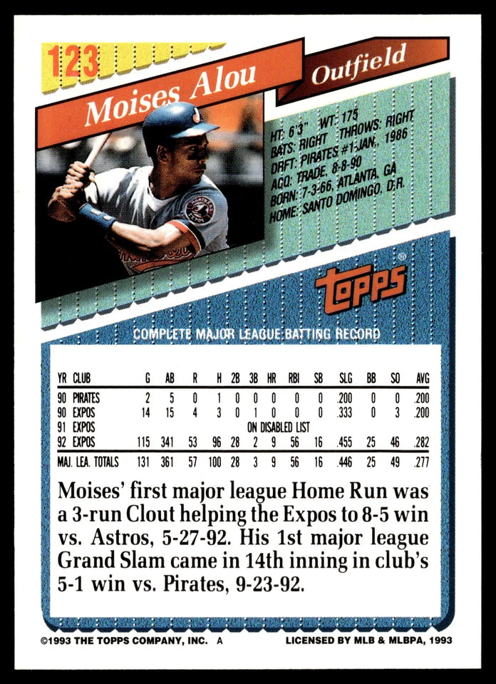 1993 Topps Moises Alou Baseball Card #123