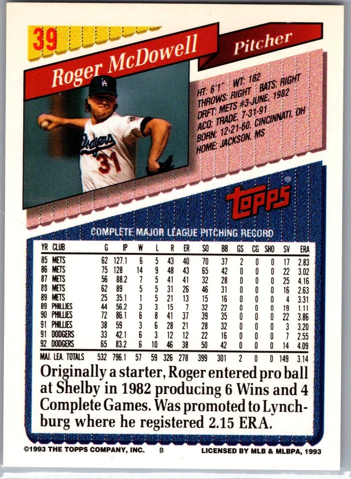 1993 Topps Roger McDowell Baseball Card #39