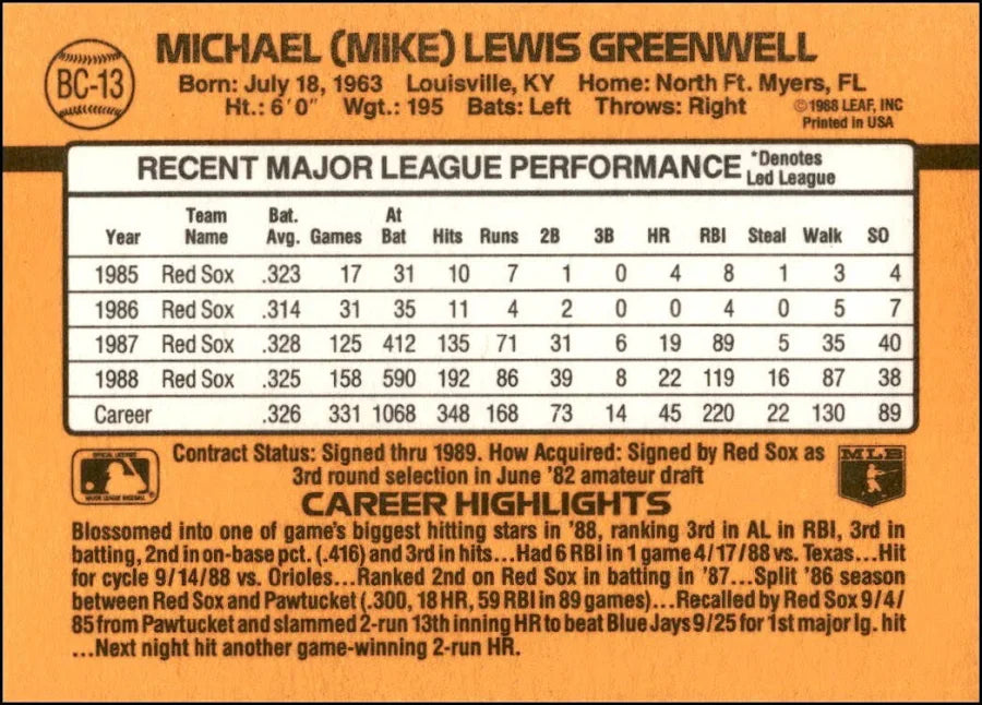 1989 Donruss Michael (Mike) Lewis Greenwell Baseball Card #BC-13