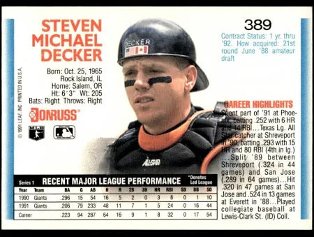 1992 Donruss Steven Michael Decker Baseball Card #389