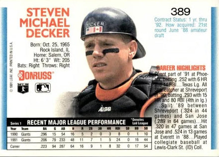 1992 Donruss Steven Michael Decker Baseball Card #389