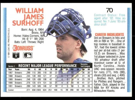 1992 Donruss William James Surhoff Baseball Card #70