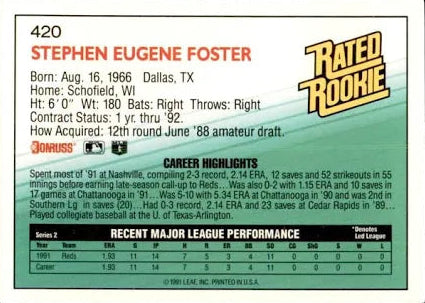 1992 Donruss Rated Rookie Stephen Eugene Foster Baseball Card #420