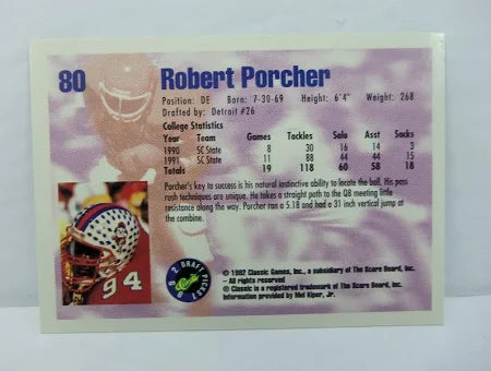 1992 Classic Draft Picks Robert Porcher Football Card #80