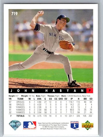 1993 Upper Deck John Habyan Baseball Card #719