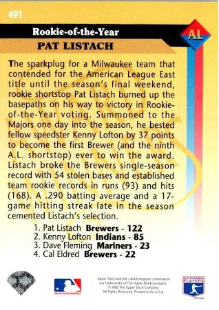 1993 Upper Deck Award Winners 1992 Rookie-of-the-Year Pat Listach Baseball Card #491