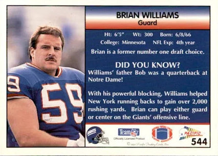 1992 Pacific Brian Williams Football Card #544