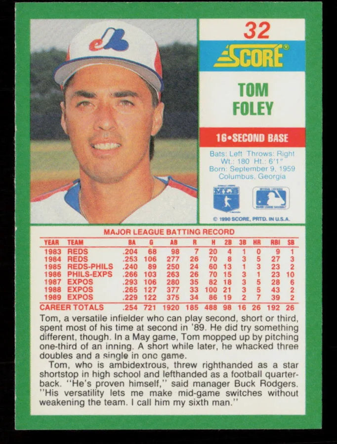 1990 Score Tom Foley Baseball Card #32