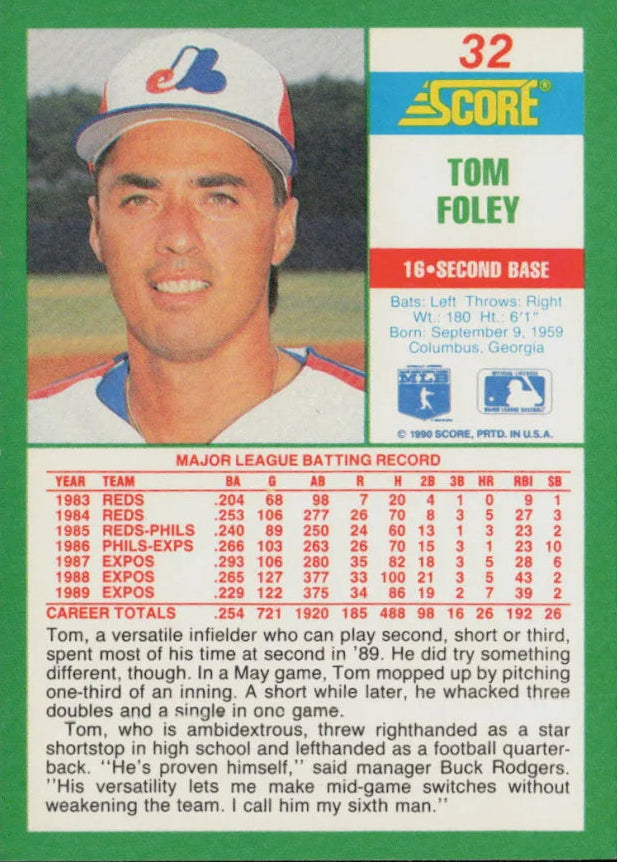 1990 Score Tom Foley Baseball Card #32
