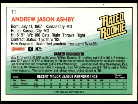 1992 Donruss Rated Rookie Andrew Jason Ashby Baseball Card #11