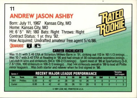 1992 Donruss Rated Rookie Andrew Jason Ashby Baseball Card #11