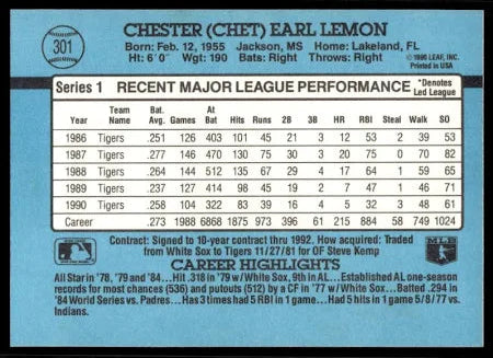 1991 Donruss Chester (Chet) Earl Lemon Baseball Card #301