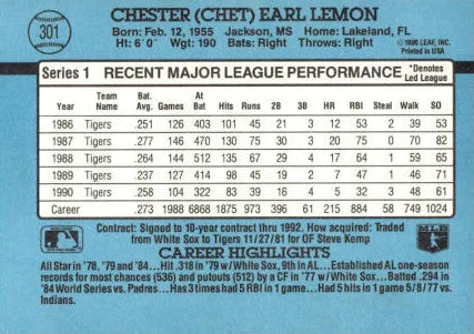 1991 Donruss Chester (Chet) Earl Lemon Baseball Card #301