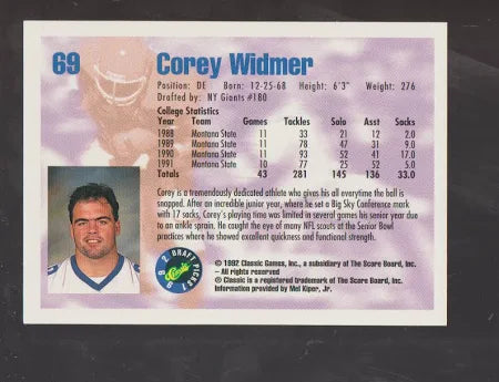 1992 Classic Draft Picks Corey Widmer Football Card #69