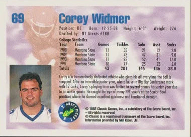 1992 Classic Draft Picks Corey Widmer Football Card #69