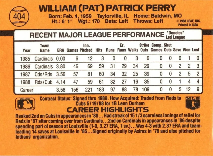 1989 Donruss William (Pat) Patrick Perry Baseball Card #404