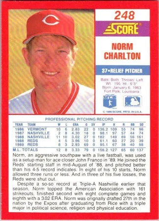 1990 Score Norm Charlton Baseball Card #248