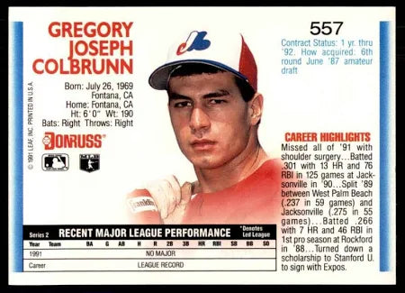 1992 Donruss Gregory Joseph Colbrunn Baseball Card #557