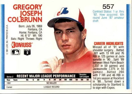 1992 Donruss Gregory Joseph Colbrunn Baseball Card #557