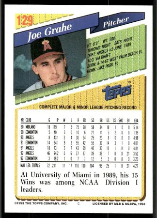1993 Topps Joe Grahe Baseball Card #129
