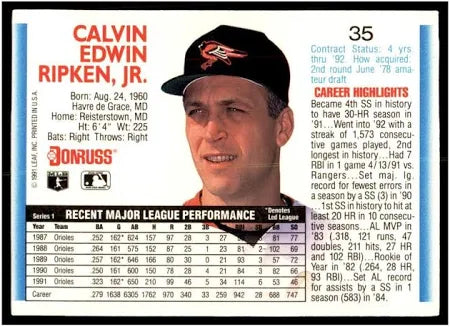 1992 Donruss Calvin Edwin Ripken Jr. Baseball Card #35