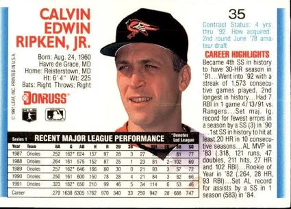 1992 Donruss Calvin Edwin Ripken Jr. Baseball Card #35