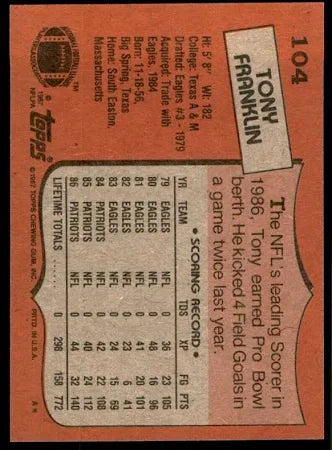 1987 Topps Tony Franklin Football Card #104
