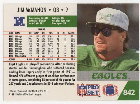 1991 NFL Pro Set Jim McMahon Football Card #842