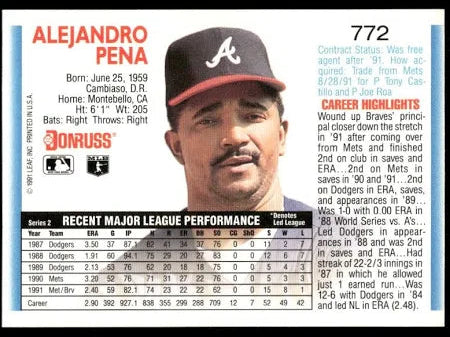 1992 Donruss Alejandro Pena Baseball Card #772