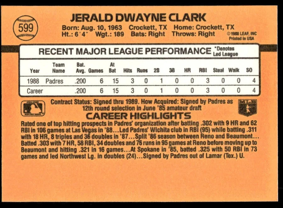 1989 Donruss Jerald Dwayne Clark Baseball Card #599
