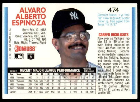 1992 Donruss Alvaro Alberto Espinoza Baseball Card #474