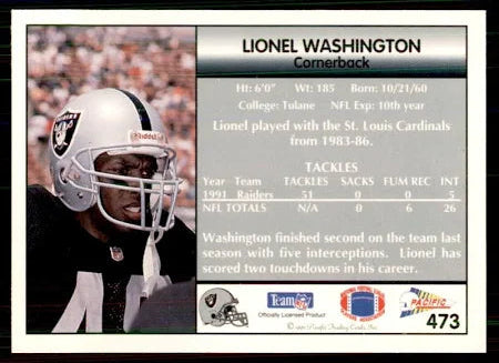 1992 Pacific Lionel Washington Football Card #473