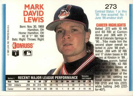 1992 Donruss Mark David Lewis Baseball Card #273