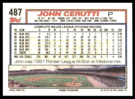 1992 Topps John Cerutti Baseball Card #487