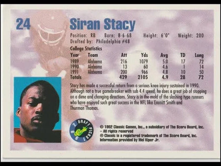 1992 Classic Draft Picks Siran Stacy Football Card #24