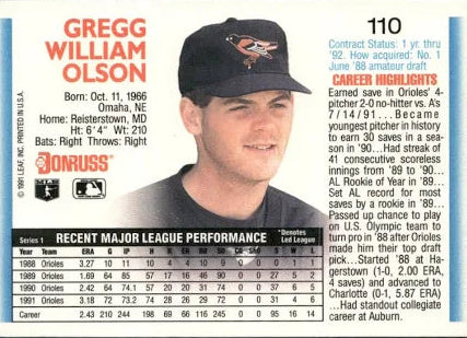 1992 Donruss Gregg William Olson Baseball Card #110