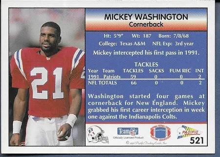 1992 Pacific Mickey Washington Football Card #521