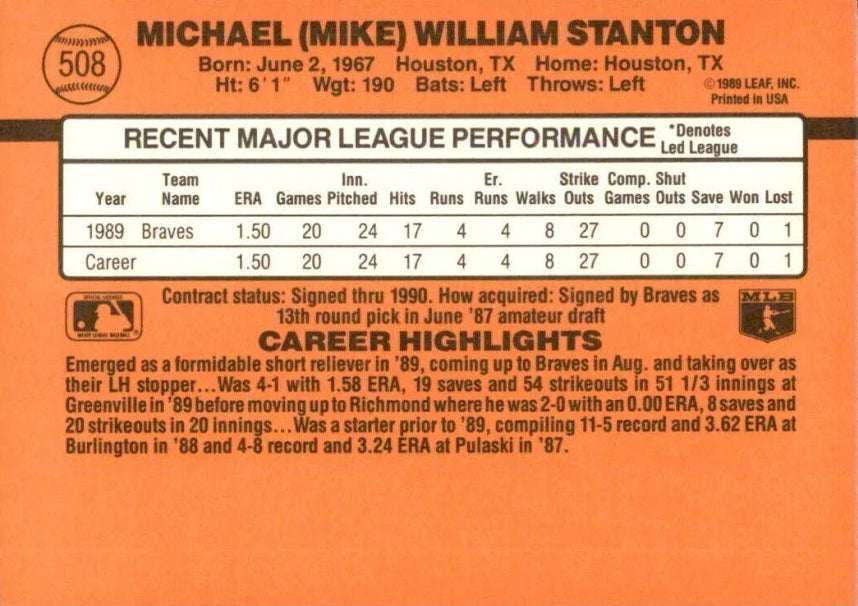 1990 Donruss Michael (Mike) William Stanton Baseball Card #508