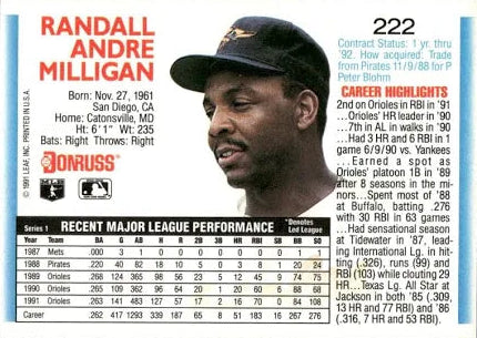 1992 Donruss Randall Andre Milligan Baseball Card #222