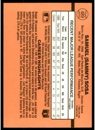 1990 Donruss Samuel (Sammy) Sosa Baseball Card #489