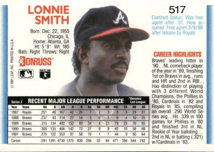 1992 Donruss Lonnie Smith Baseball Card #517