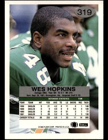 1992 Fleer Wes Hopkins Football Card #319