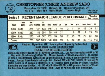 1991 Donruss Christopher (Chris) Andrew Sabo Baseball Card #153